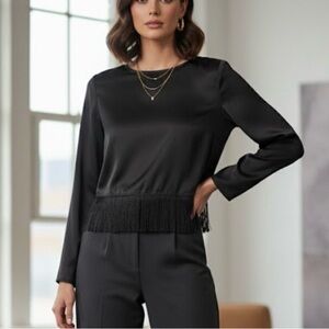 cupcakes & cashmere Black Fringe Blouse NWOT